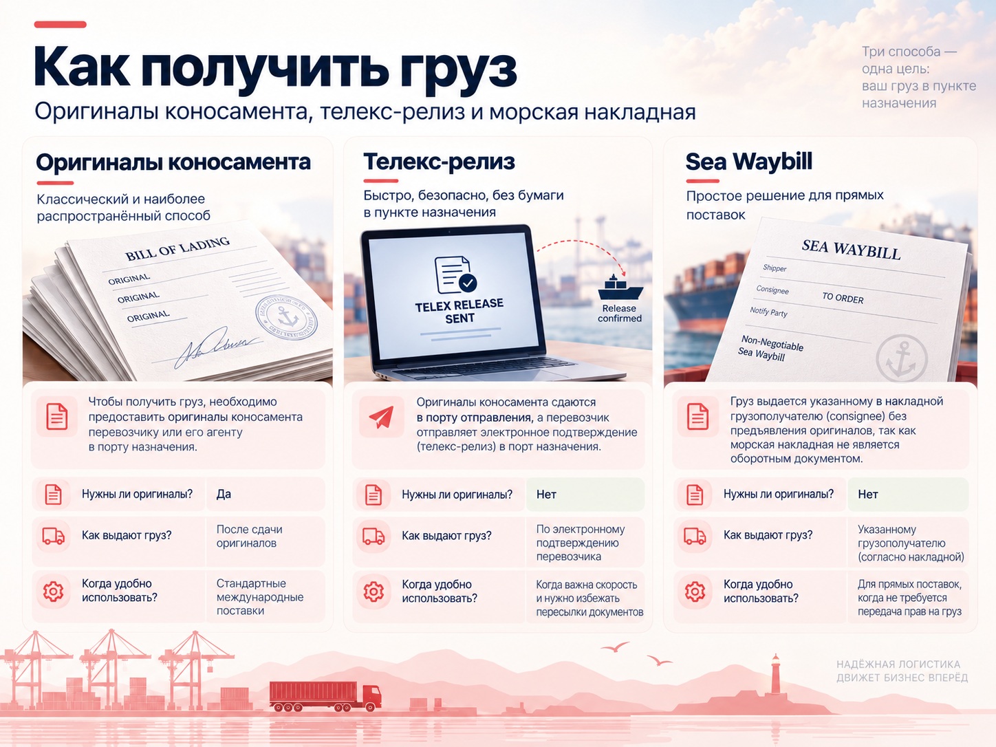 Три способа получить груз: оригиналы коносамента, телекс-релиз и морская накладная Sea Waybill