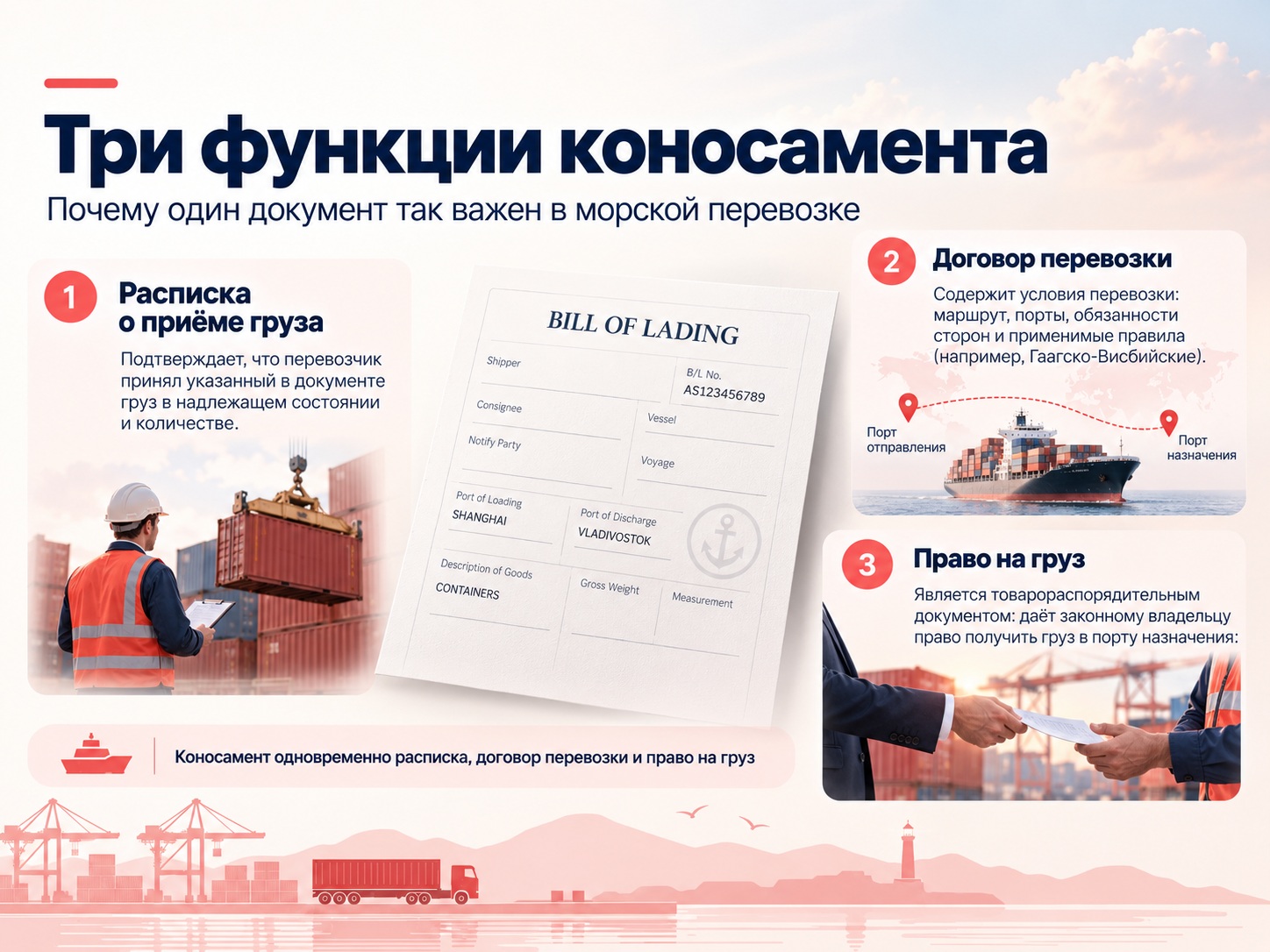 Три функции коносамента: расписка о приёме груза, договор перевозки и право на груз